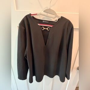 INC International Concepts Black V-Neck Gold Hardware Top Plus 3X Scallop Hem